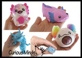 Axolotl Lover Bundle of 5 Fidgets -  Plush Squeeze PBJ  Stress Ball / Articulated Wiggle / Mochi / Slow Rise Squish / Sand Filled - Sensory, Stress, Fidget Toy