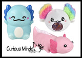 Axolotl Lover Bundle of 3 Fidgets -  Plush Squeeze  Stress Ball / Slow Rise Squish / Stretchy Sand Filled - Sensory, Stress, Fidget Toy