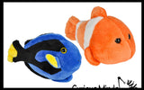 Set of 2 Cute Plush Fish - Blue Tang and Clownfish - Stuffed Animals- Adorable Mini Plushie Ocean Sealife Stuffie Orange Striped Fish