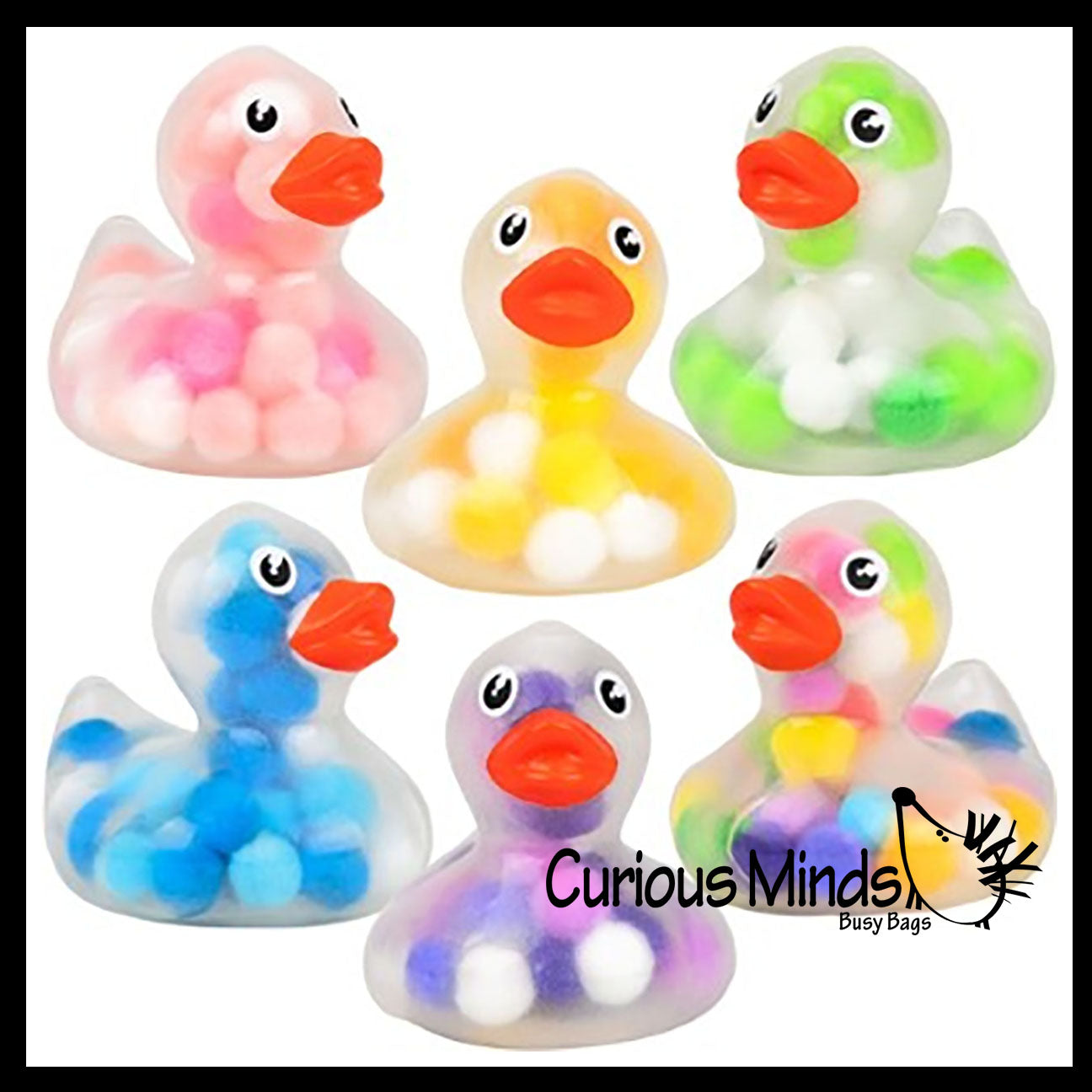 Pom Pom Filled Regular 2" Rubber Ducks - Rubber Duckies - Cute Novelty Prize Reward Giveaway