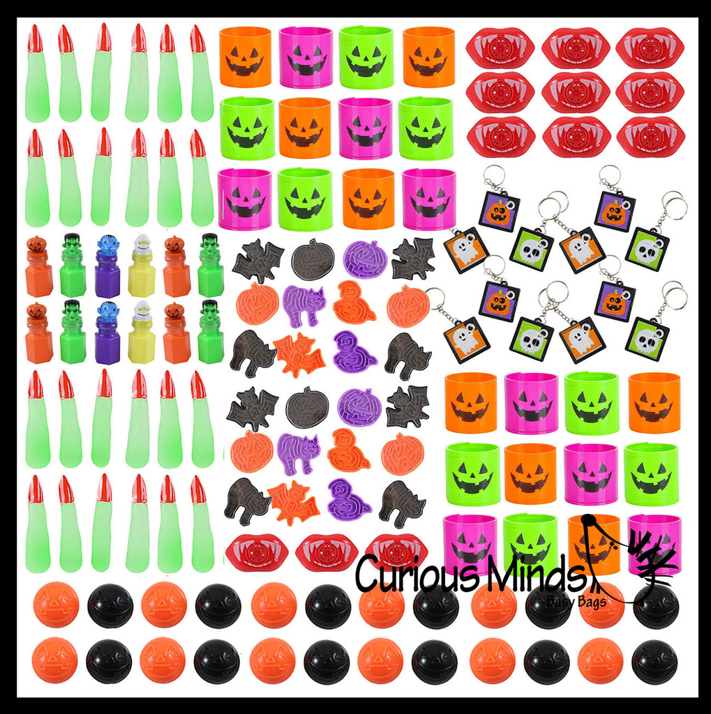 132 Piece Halloween Party Favor Set - Trick or Treat Spring Coils, Poppers, Glow Fingers, Pill Mazes, Bubbles , Small Novelty Toy Prize Assortment Gifts (11 Dozen)