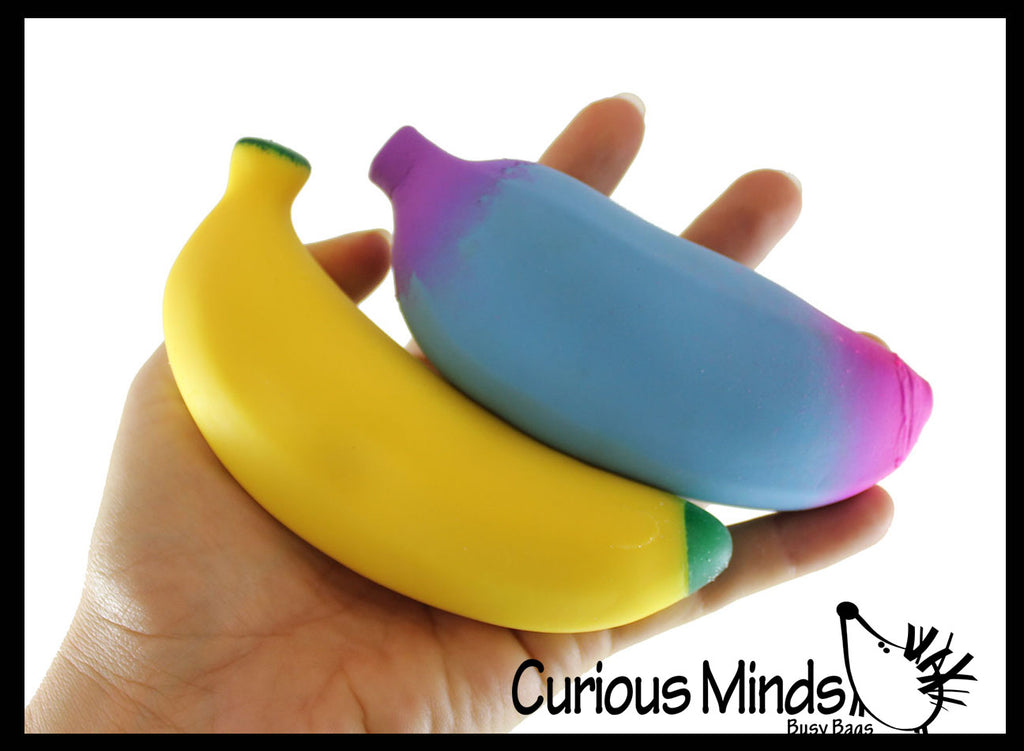 Set of 2 Squishy Sand Bananas - Yellow and Colorful - Moldable Sensory, Stress, Squeeze Fidget Toy ADHD Special Needs Soothing