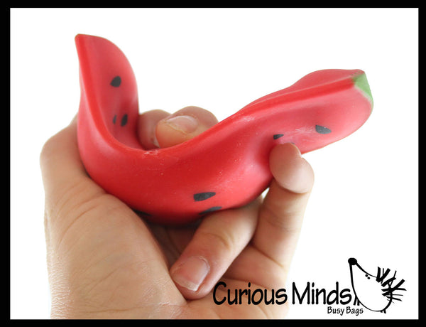 Set of 2 Sand Filled Fruits - Watermelon and Banana - Moldable Sensory, Stress, Squeeze Fidget Toy ADHD Special Needs Soothing Set of 2 Sand Filled Fruits - Watermelon and Banana - Moldable Sensory, Stress, Squeeze Fidget Toy ADHD Special Needs Soothing