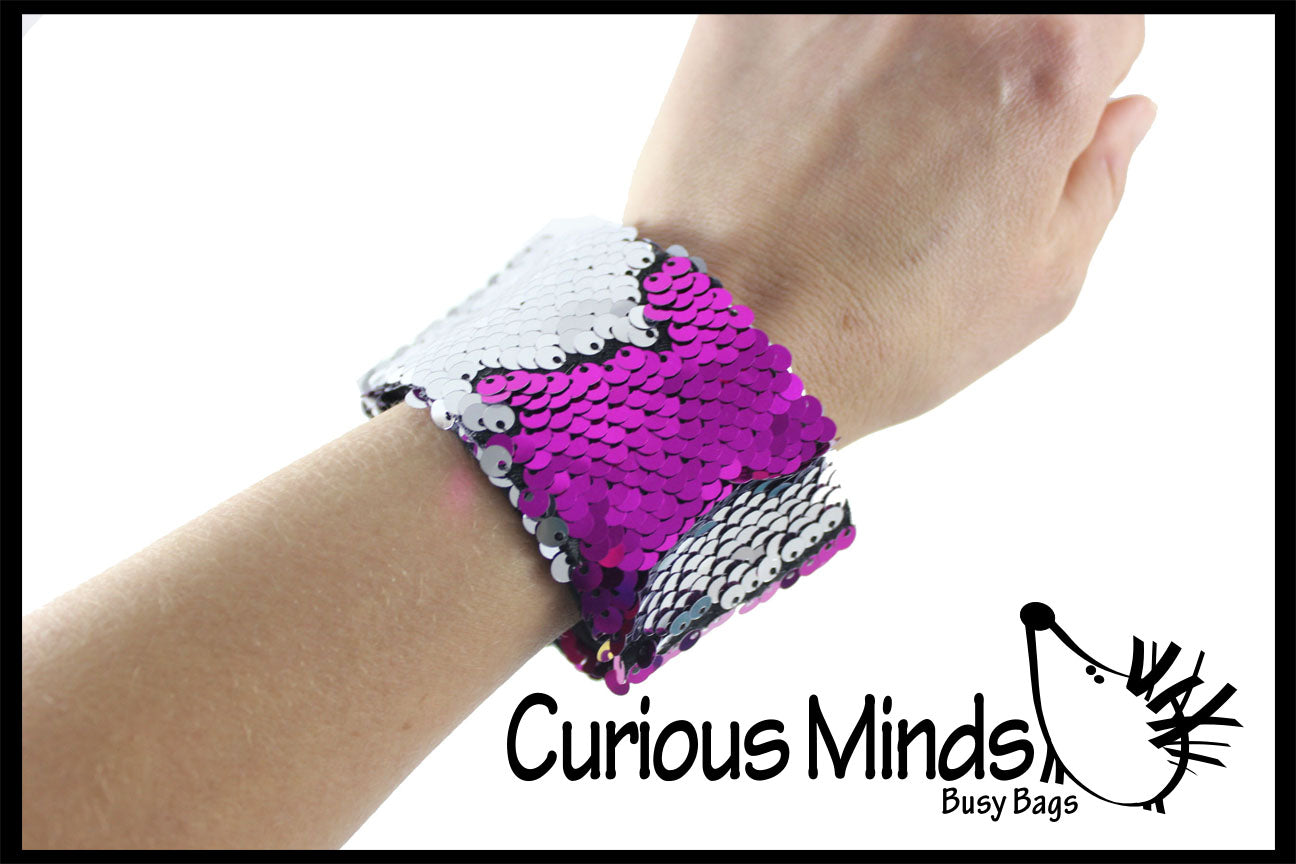 LAST CHANCE - LIMITED STOCK - - Wide Bracelet with Mermaid 2 Color Reversible Sequin Scales - Cuff Jewelry Sensory Fidget Toy