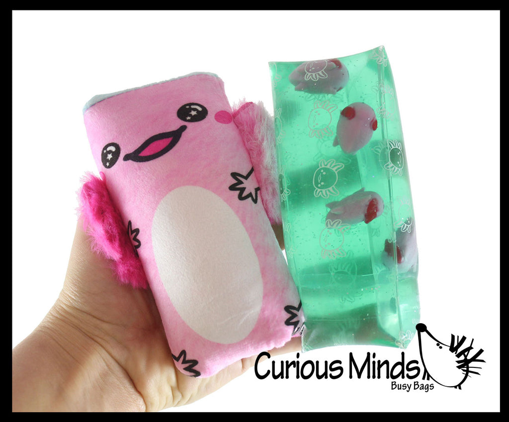 2 Different Jumbo Axolotl Animal - Plush and Water Filled Tube Snake Stress Toy - Squishy Slippery Wiggler Sensory Fidget Ball