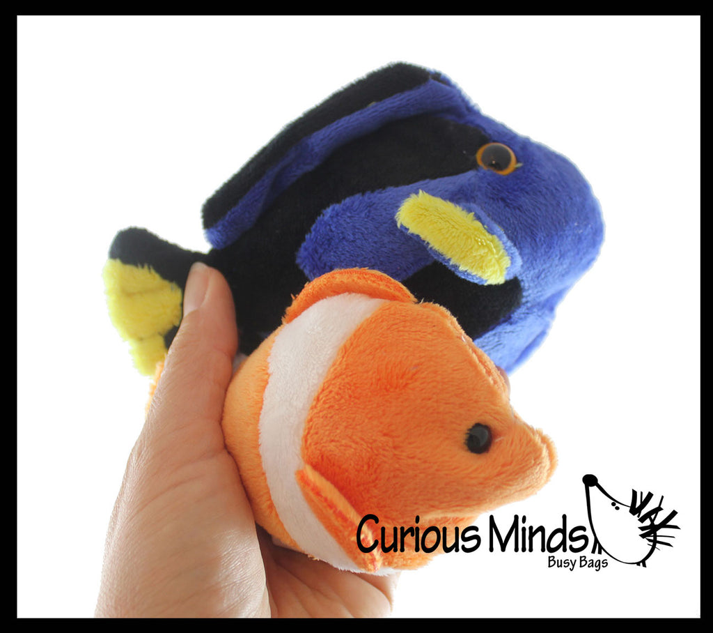 Set of 2 Cute Plush Fish - Blue Tang and Clownfish - Stuffed Animals- Adorable Mini Plushie Ocean Sealife Stuffie Orange Striped Fish