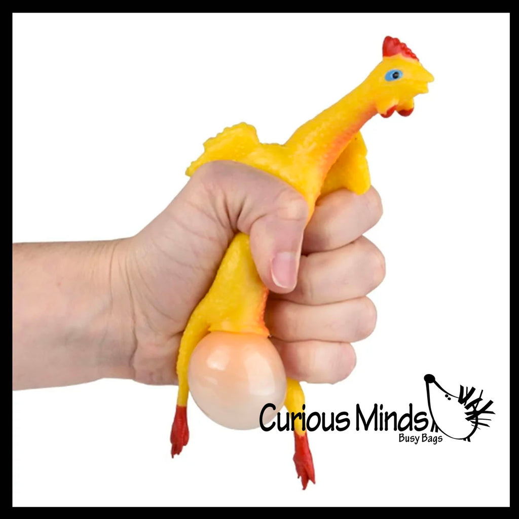 NEW - Large 7" Egg Laying Stretchy Rubber Chicken That Lays An Egg - Squeeze Stretch Funny Gag Toy Fidget - Novelty Toy