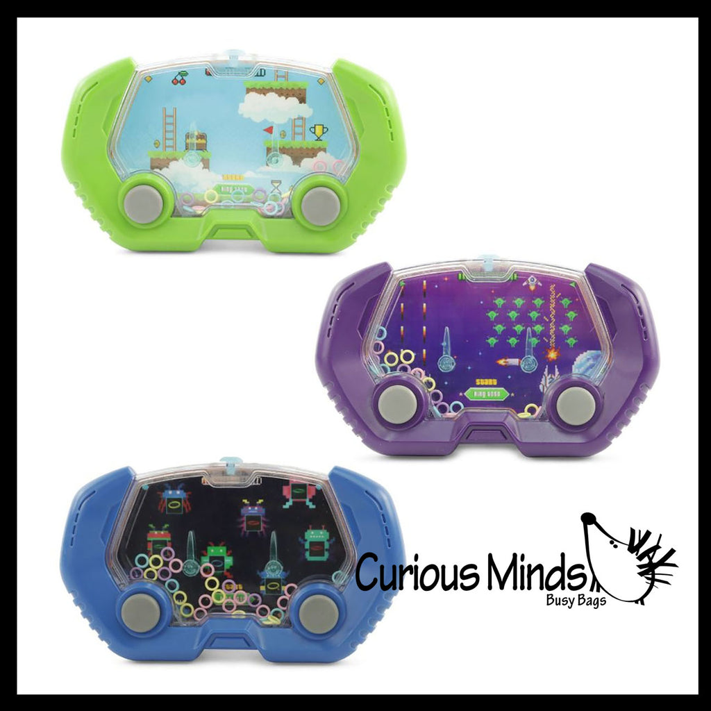 Retro Water Games - Push Button to Put Rings on Pegs - Hand Held Travel Arcade Game - Classic Video Game Themes