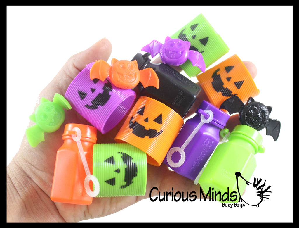 Halloween Small Toy Set - Mini Bubbles, Sticky Bats, and Spring Coils - Trick or Treat