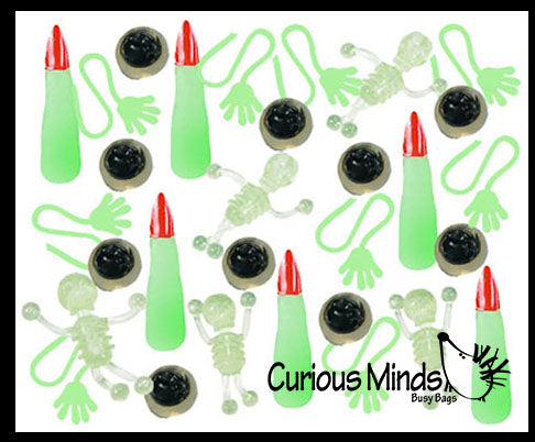 Halloween 216 Piece Glow in the Dark Sticky Body Parts Toy Set -  Sticky Tumbling Skeletons - Sticky Eyes - Glow Sticky Hands - Witch Fingers -  Trick or Treat (18 Dozen)