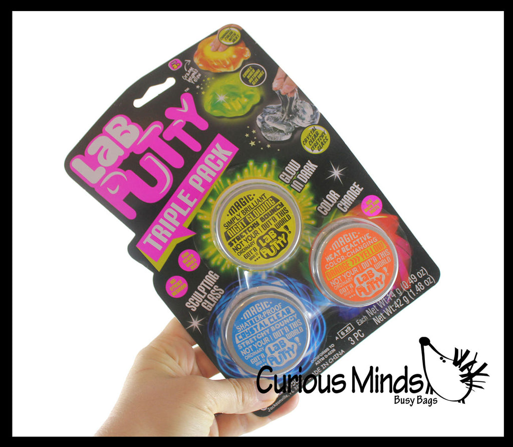 Lab Putty - Pack of 3 Different Putty Slimes in Tin Jars - Crystal Clear / Glow in the Dark / Heat Color Changing