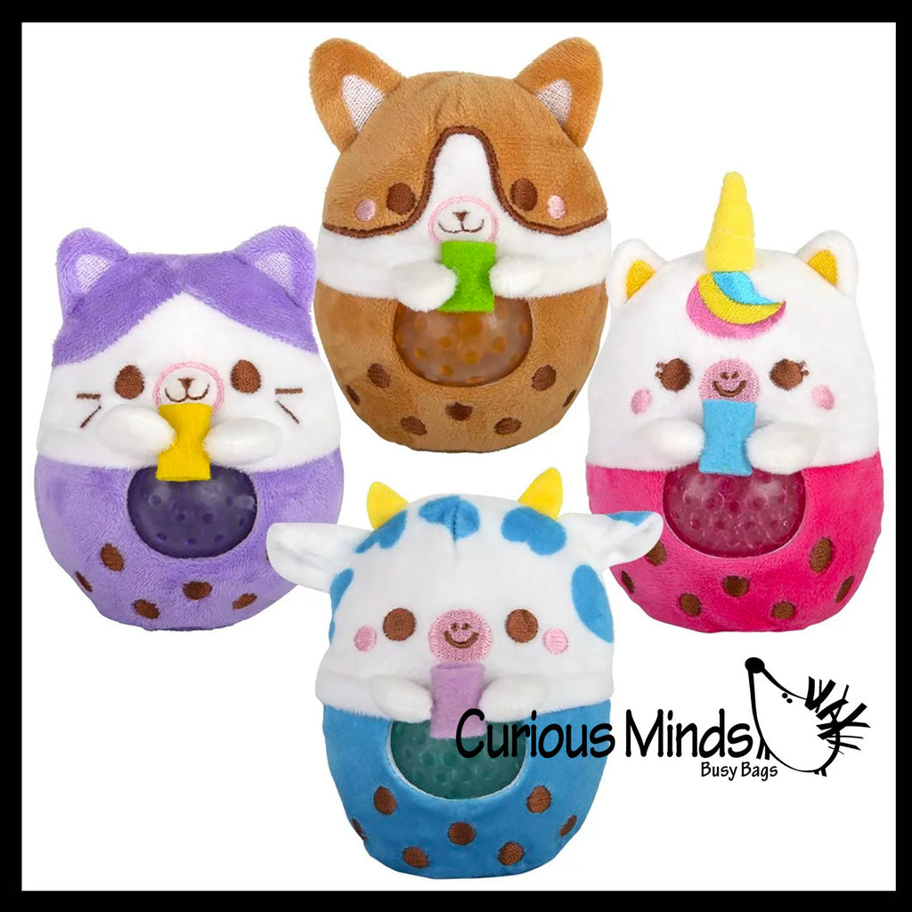 Plush Animals Drinking Bubble Tea Drink Water Bead Filled Squeeze Stress Balls - Sensory, Stress, Fidget Toy Bubble Blow