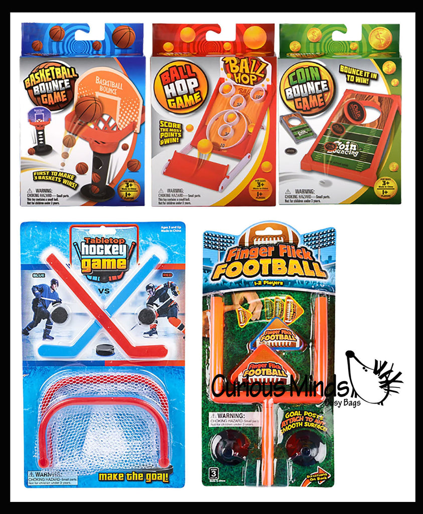 Set of 5 Mini Tabletop Games -  Football, Basketball, Hockey, Ball Hop, Coin Hole - Toy Shooting Hoops - Fun Classic Arcade Toy