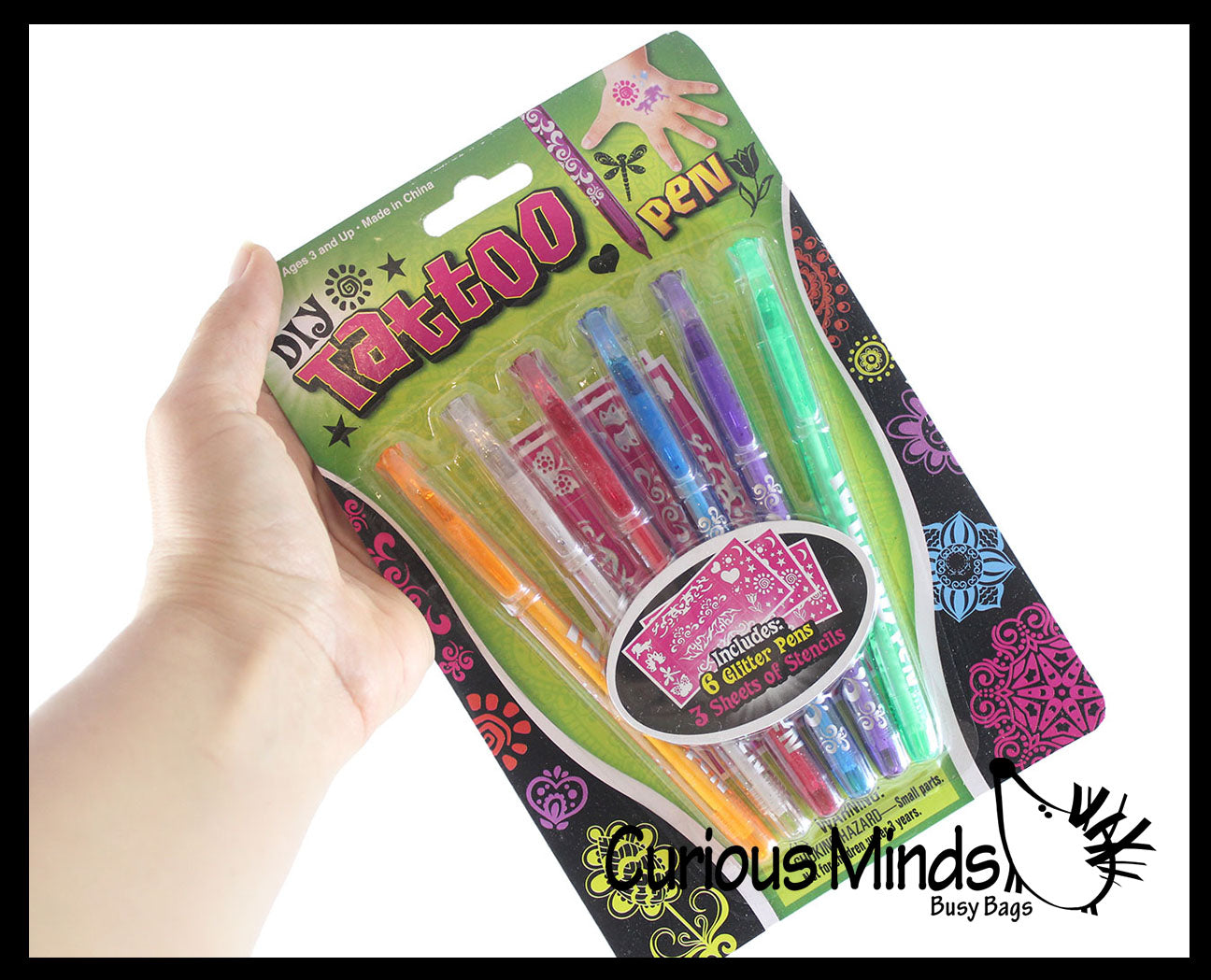 Curious Minds Busy Bags 6 Pack of Tattoo Gel Pens - Fake Tattoo Fun with Stencils - Draw on Skin - Temporary Tattoos 1 Set
