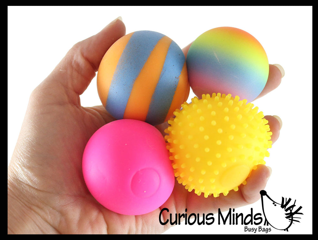 Set of 4 Different 1.75" Doh Filled Stress Balls - Rainbow, Striped, Spikey, Solid - Glob Balls - Squishy Gooey Shape-able Squish Sensory Squeeze Balls