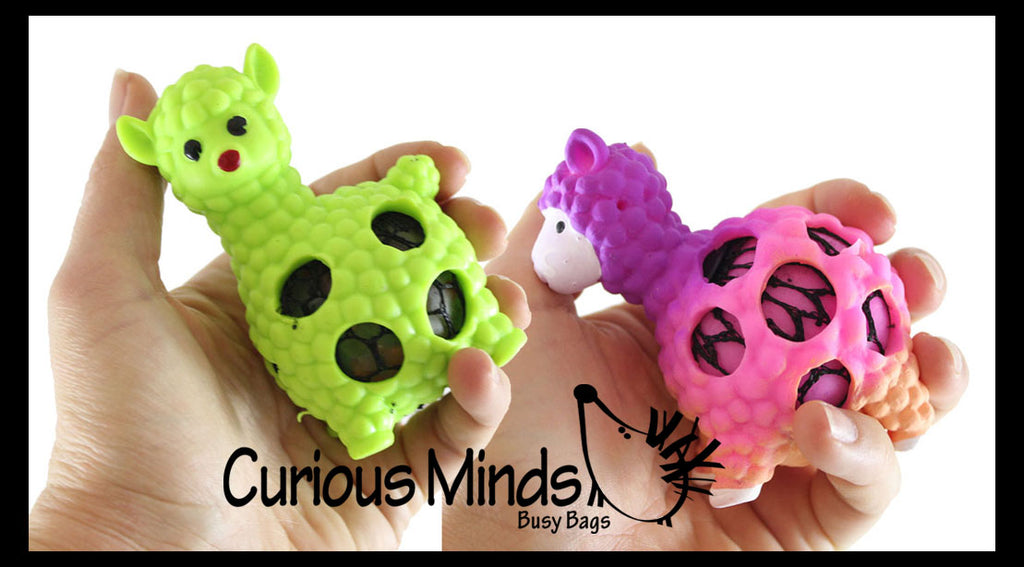 Set of 2 Different Alpaca Squishy (Water Bead and Color Changing Gel Doh) Blob Mesh Ball with Soft Web - Squishy Fidget Ball