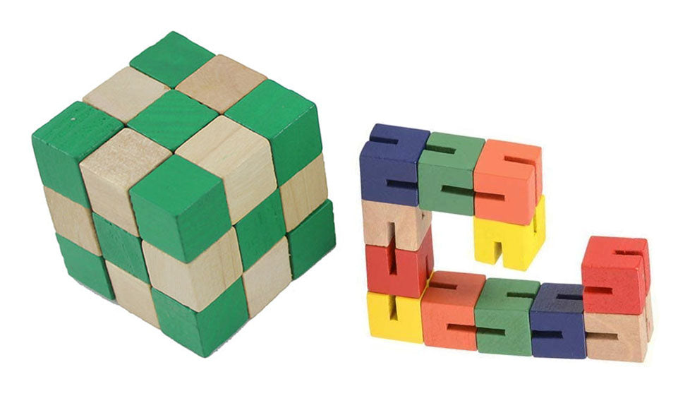 Set of 2 Wood Fidgets - Bendy Snake and Cube Puzzle Fidget Toy - Flexi