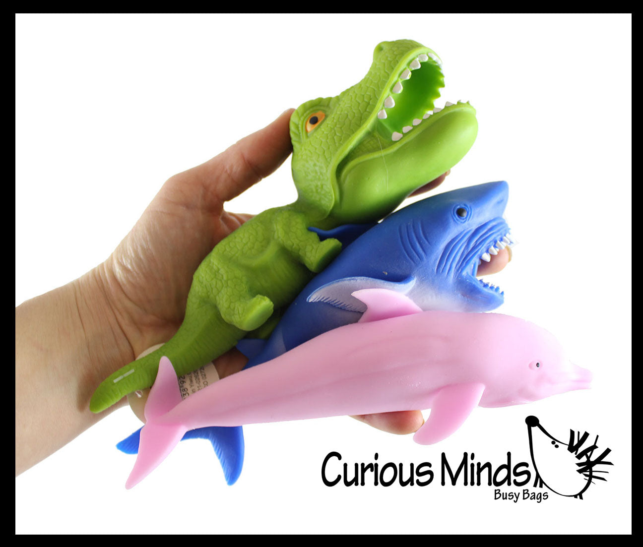 Set of 3 Sand Filled Squishy Animals - Dinosaur, Dolphin, and Shark - Moldable Sensory, Stress, Squeeze Fidget Toy ADHD Special Needs Soothing Ocean Animal Dino