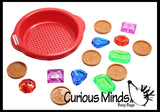 Large Gem and Coin Treasure Hunt Sand Toy - Dig sift and find buried coins jewels and gems.  Sensory bin
