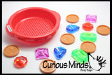Large Gem and Coin Treasure Hunt Sand Toy - Dig sift and find buried coins jewels and gems.  Sensory bin