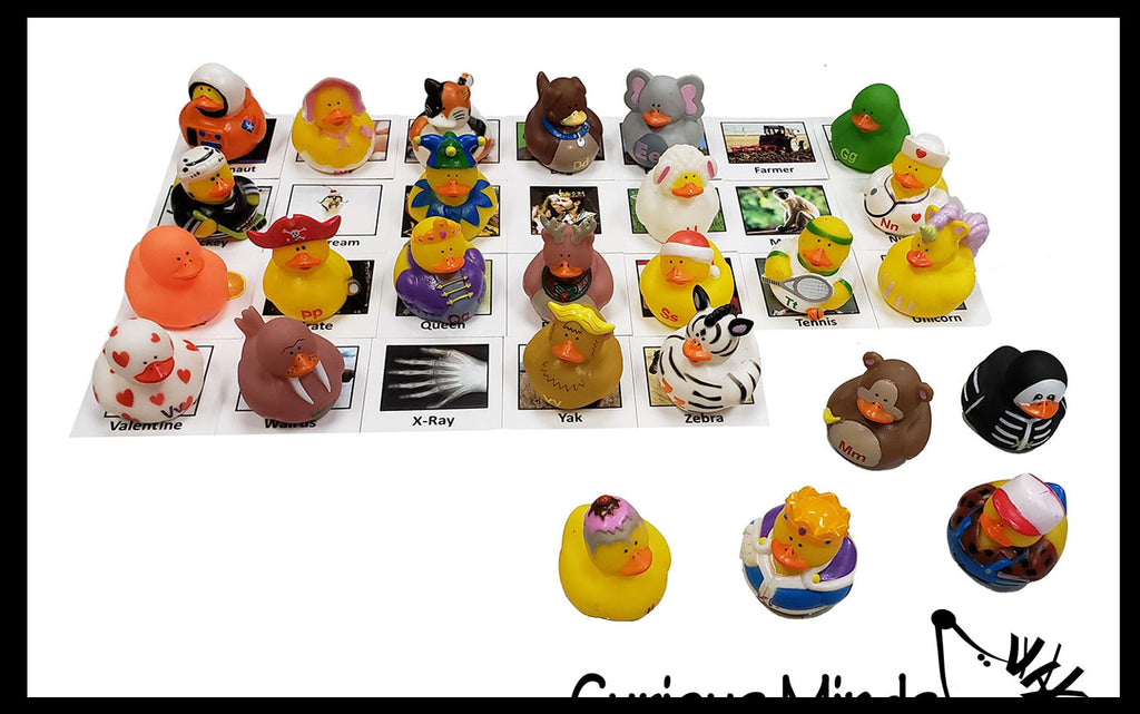Matching Alphabet Ducks with Picture Cards - Rubber Duckies for Each Letter Of the Alphabet - Language Arts Objects - 2 Part Montessori learning toy- Objects Matching Game