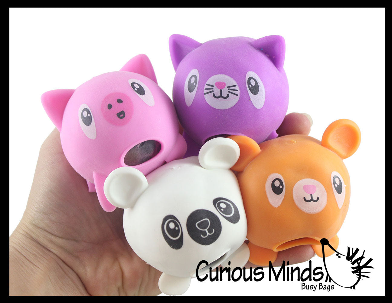Pack of 4 Animal Water Bead Filled Squeeze Stress Balls - Pig, Panda, Bear, Cat - Sensory, Stress, Fidget Toy