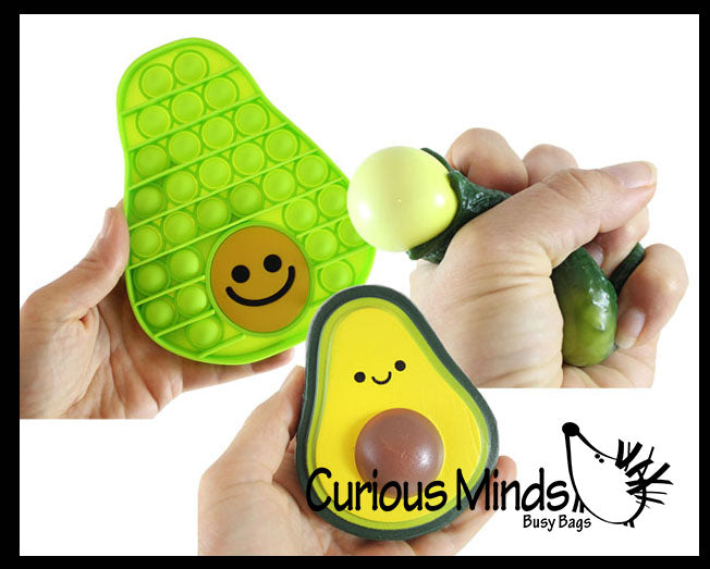 3 Avocado Fidget Toy Set - Bubble Popper, Doh Stress Ball, Slow Rise Squishy - Push Poke Bubble Wrap Fidget Toy - Sensory Stress Toy Avacado