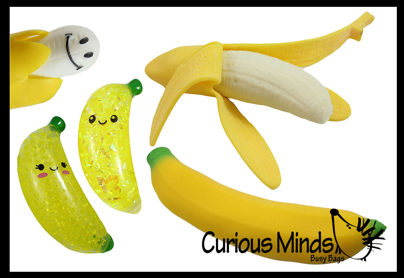 Set of 5 Fun Banana Toys - Moldable Sensory, Stress, Squeeze Fidget Toy ADHD Special Needs Soothing OT Water Beads