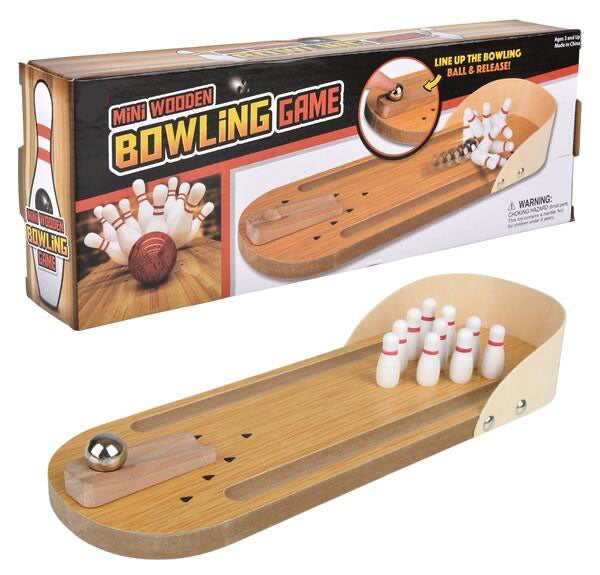 Mini Wooden Bowling Game - Marble and Pins - Tabletop Small Replica Toy