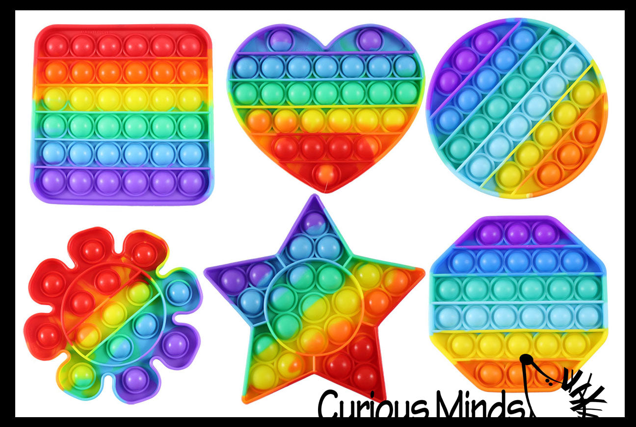 Bulk - Wholesale - Rainbow Bubble Pop Game - Silicone Push Poke Bubble Wrap Fidget Toy - Circle, Square, Star, Flower, Octagon, Flower - Press Bubbles