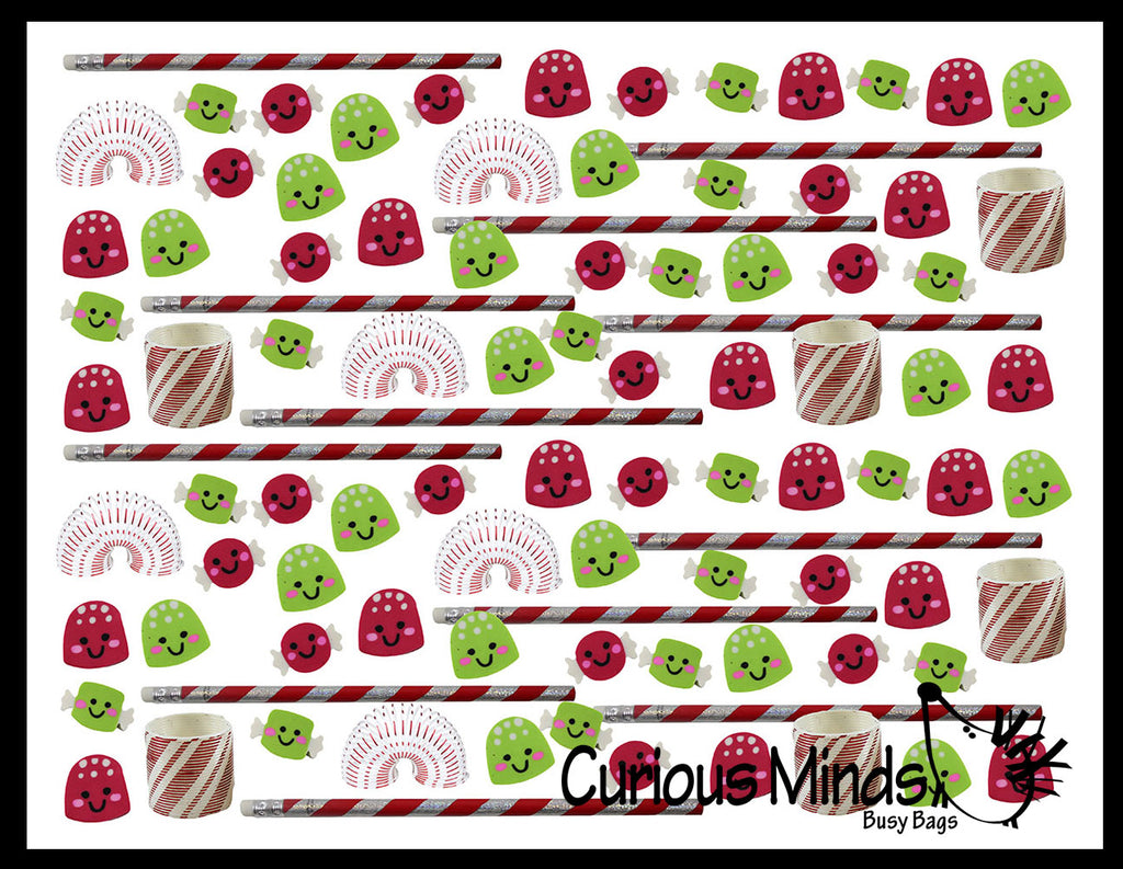 192 Candy Cane Theme Mix -  Cute Christmas Magic Springs, Pencils, Erasers -- Fun Party Favor Toy - Christmas Winter  (16 Dozen)