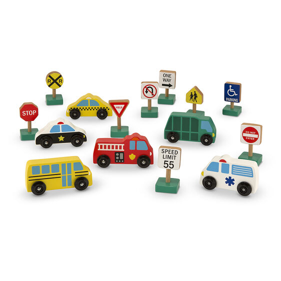 Wooden Cars and Traffic Signs - Creative Toy Vehicle Set - Classic Toddler Wood Toy