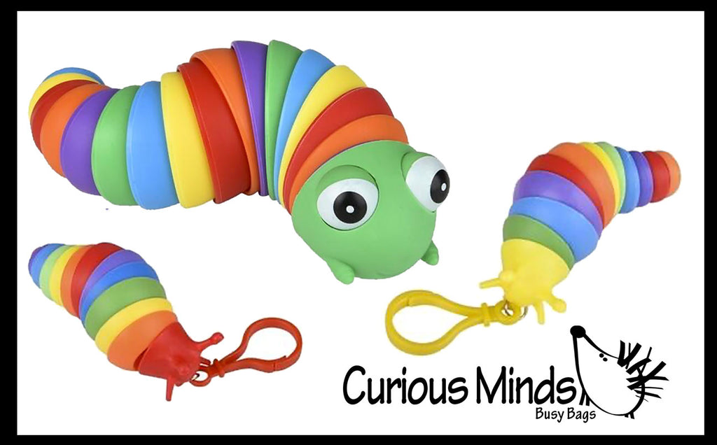 Slug Caterpillar Family - 1 Caterpillar and 2 Fidget Slug on Clip - Articulated Jointed Moving Slug Toy - Unique Rainbow