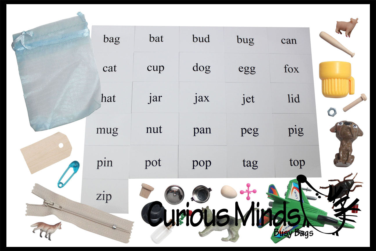 Montessori Alphabet Objects - CVC Word Mini Objects with Word Cards - Montessori Pink Series