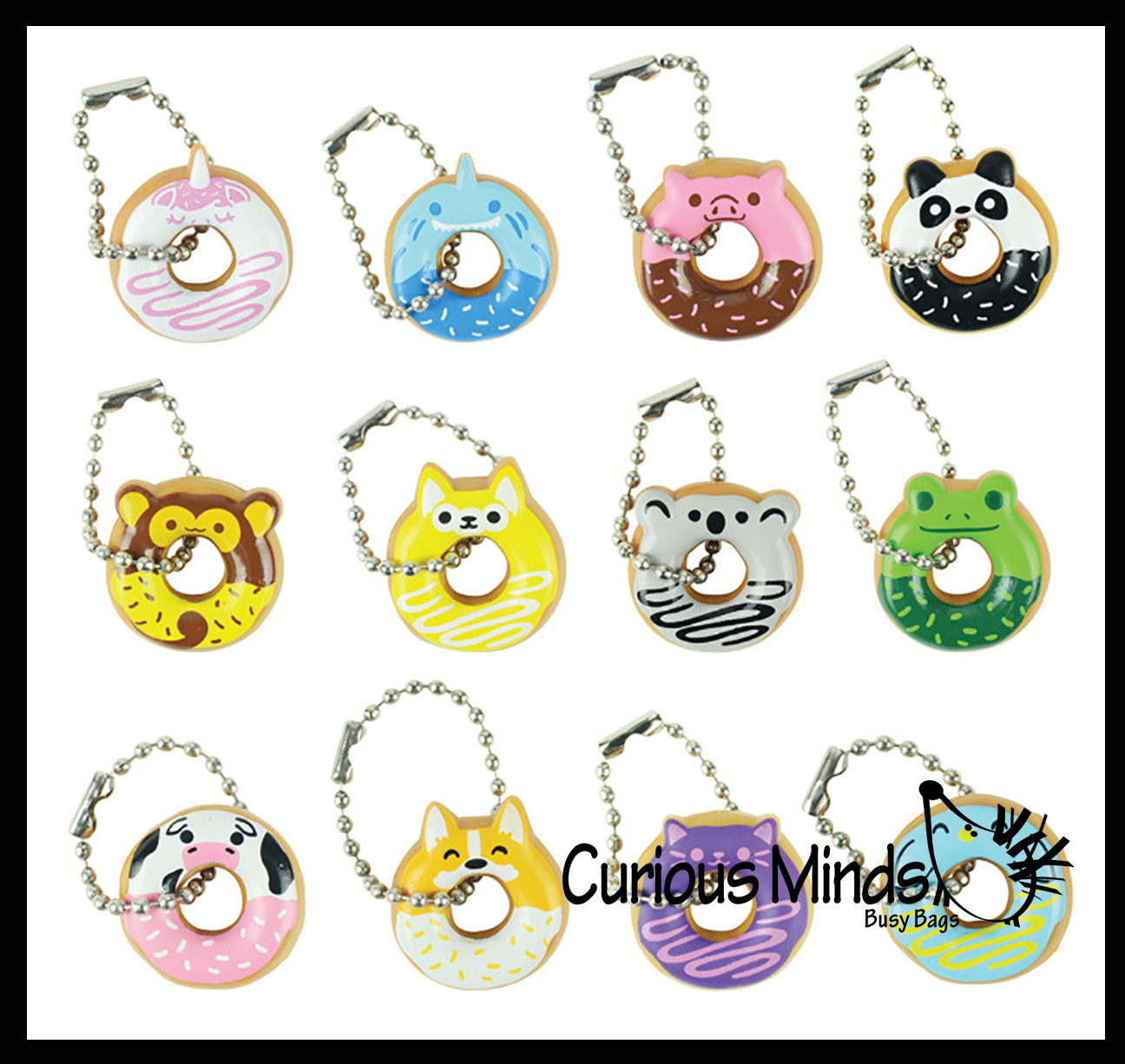 Curious Minds Busy Bags Cute Donut Animal Keychain Figurines - Mini Toys - Easter Egg Filler - Small Novelty Prize Toy - Party Favors - Gift Set of 12 - 1 of Each - (1 Dozen)