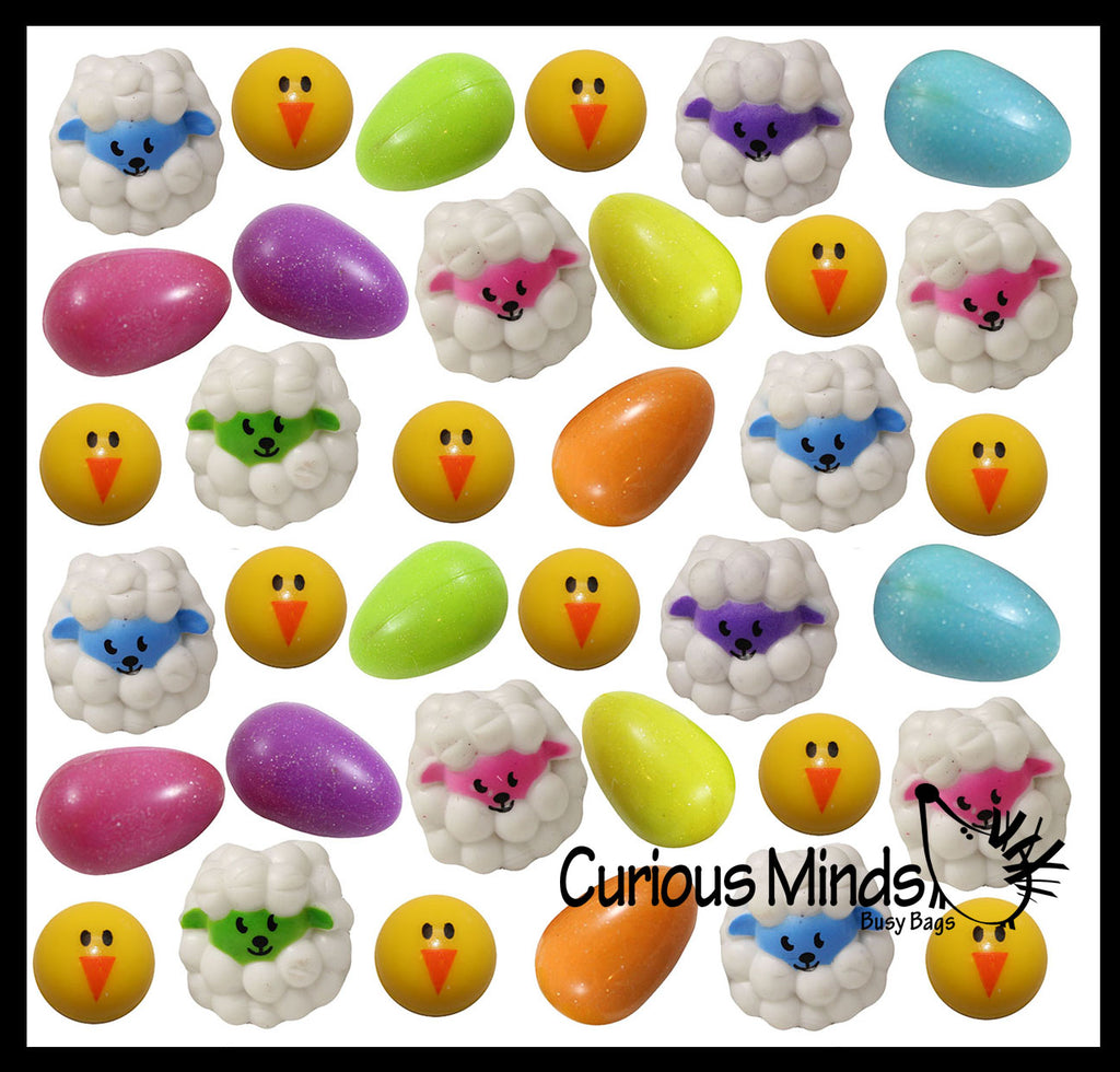 LAST CHANCE - LIMITED STOCK - Set of 36 Easter Bouncy Balls -  Sheep, Egg and Chick Easter Mix Themed Novelty Egg Filler Set - Small Toy Prize Assortment Egg Hunt (3 DOZEN)
