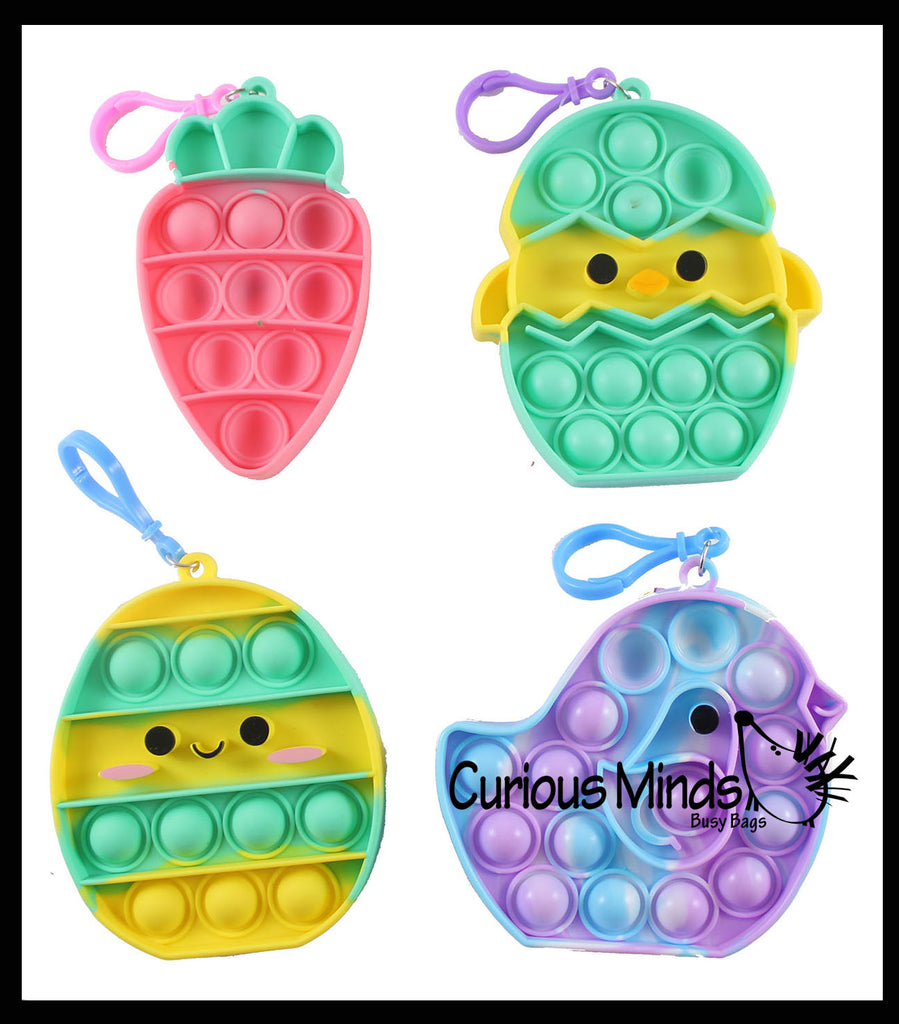 LAST CHANCE - LIMITED STOCK - SALE  - 4 Easter Bubble Popper Toys - Bunny, Carrot, Egg, and Chick in Egg - Easter Basket Fidget - Silicone Push Poke Bubble Wrap Fidget Toy - Press Bubbles to Pop - Sensory Stress Toy OT