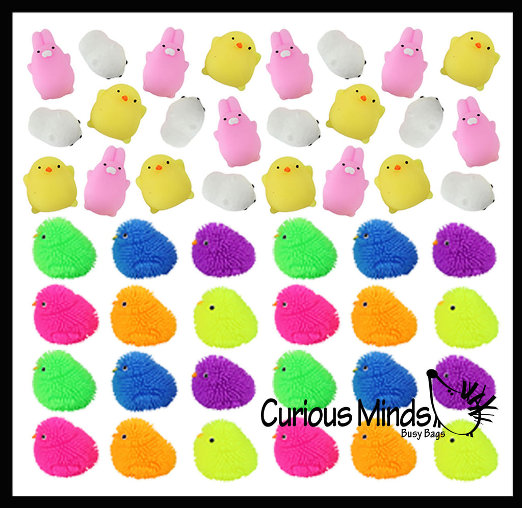 48 Easter Mochi and Puffer Set - Chick Bunny Lamb Themed Mochi Squishy Animals - Kawaii -  Sensory, Stress, Fidget Party Favor Toy (4 Dozen)