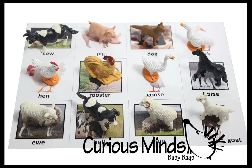 Animal Match - FARM - Miniature Animals with Matching Cards - 2 Part Cards.  Montessori learning toy, language materials - Farm Animals