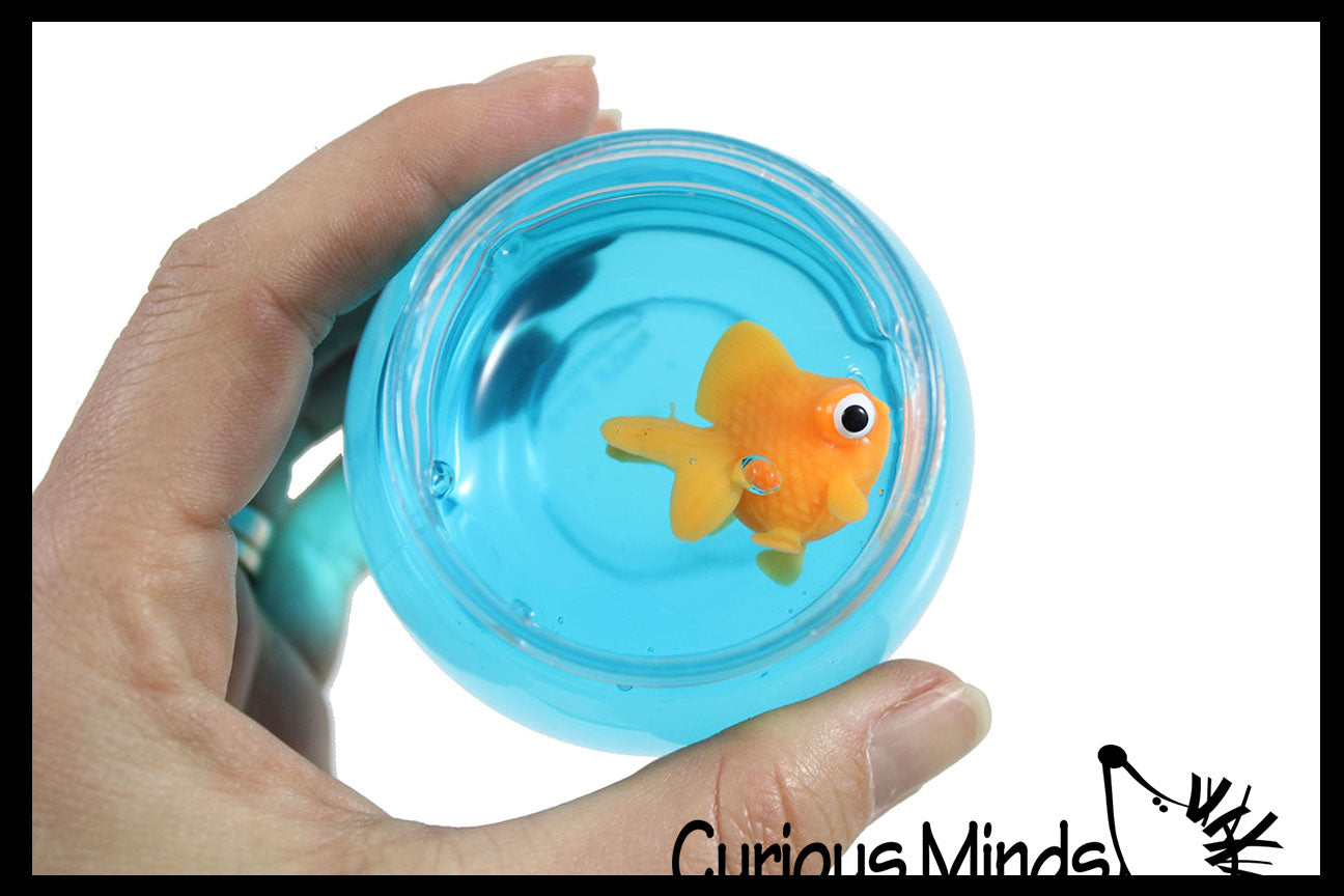 2 Goldfish Slime Bowls - Blue Slime with Mini Fish Figurine - Cute Pet putty/dough/slime