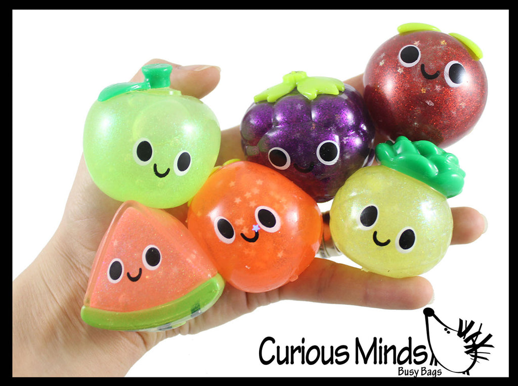 LAST CHANCE - LIMITED STOCK  - SALE - Glitter Small Fruit Thick Gel Filled Squeeze Stress Balls with Faces  -  Sensory, Stress, Fidget Toy - Pineapple, Strawberry, Orange, Watermelon, Apple, Grapes