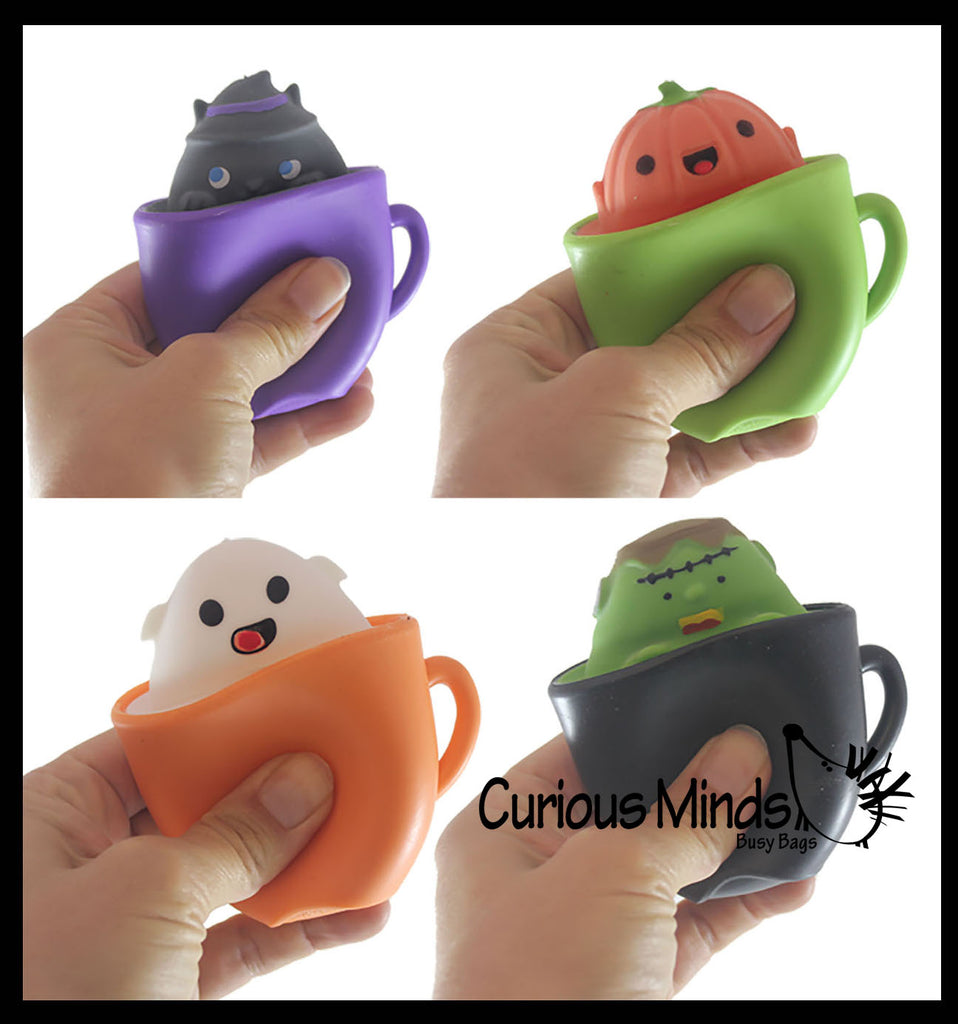 Halloween in a Cup - Surprise Character Pop Up Hide and Seek Fidget - Black Cat, Pumpkin, Frankenstein, Ghost - Small Novelty Toy Prize Gifts