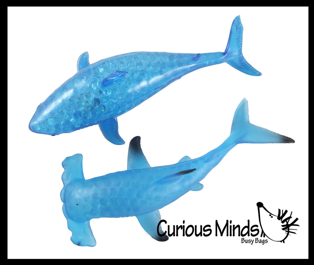 Set of 2 Different Species Large Shark Water Gel Water Bead Filled Squeeze Stress Balls - Blue Shark and Hammerhead  -  Sensory, Stress, Fidget Toy