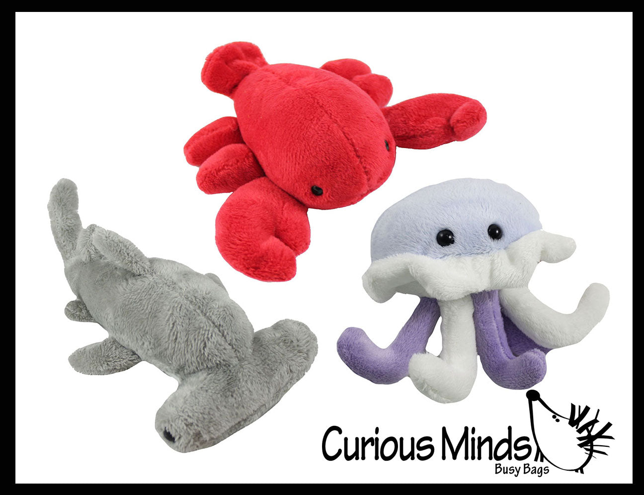 3 Cute Mini Ocean Animal Plush Stuffed Animals- Adorable Mini Plushie - Hammerhead Shark, Jellyfish, Lobster