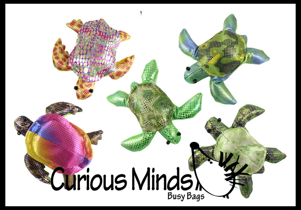 Set of 5 Turtle Sand Filled Animal Toy - Heavy Weighted Sandbag Animal Plush Bean Bag Toss - Shimmering Glitter