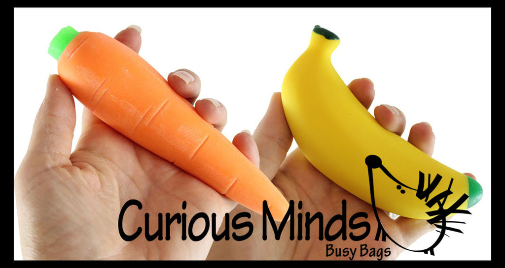 Sand-Filled Squishy Banana & Carrot - Moldable Sensory, Stress, Squeeze Fidget Toy ADHD Special Needs Soothing