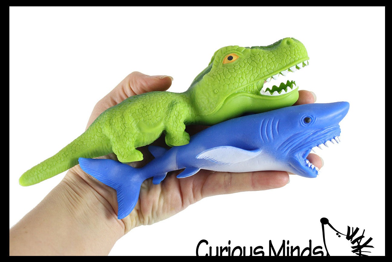 Set of 2 Sand Filled Squishy Animals - Dinosaur and Shark - Moldable Sensory, Stress, Squeeze Fidget Toy ADHD Special Needs Soothing Ocean Animal Dino