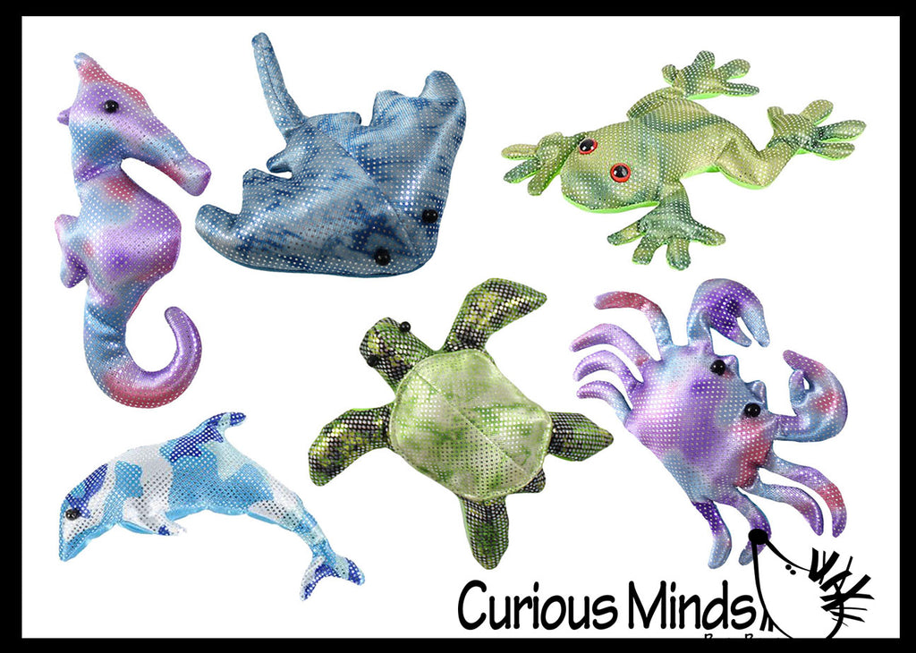 6 Ocean Animal Set -  Sand Filled Animal Toy - Seahorse, Crab, Turtle, Stingray, Dolphin, Frog - Heavy Weighted Sandbag Animal Plush Bean Bag Toss - Shimmering Glitter