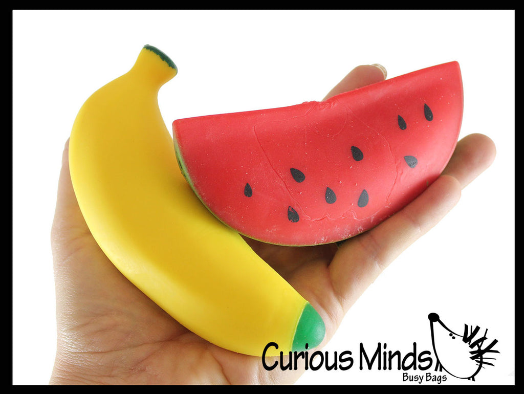 Set of 2 Sand Filled Fruits - Watermelon and Banana - Moldable Sensory, Stress, Squeeze Fidget Toy ADHD Special Needs Soothing