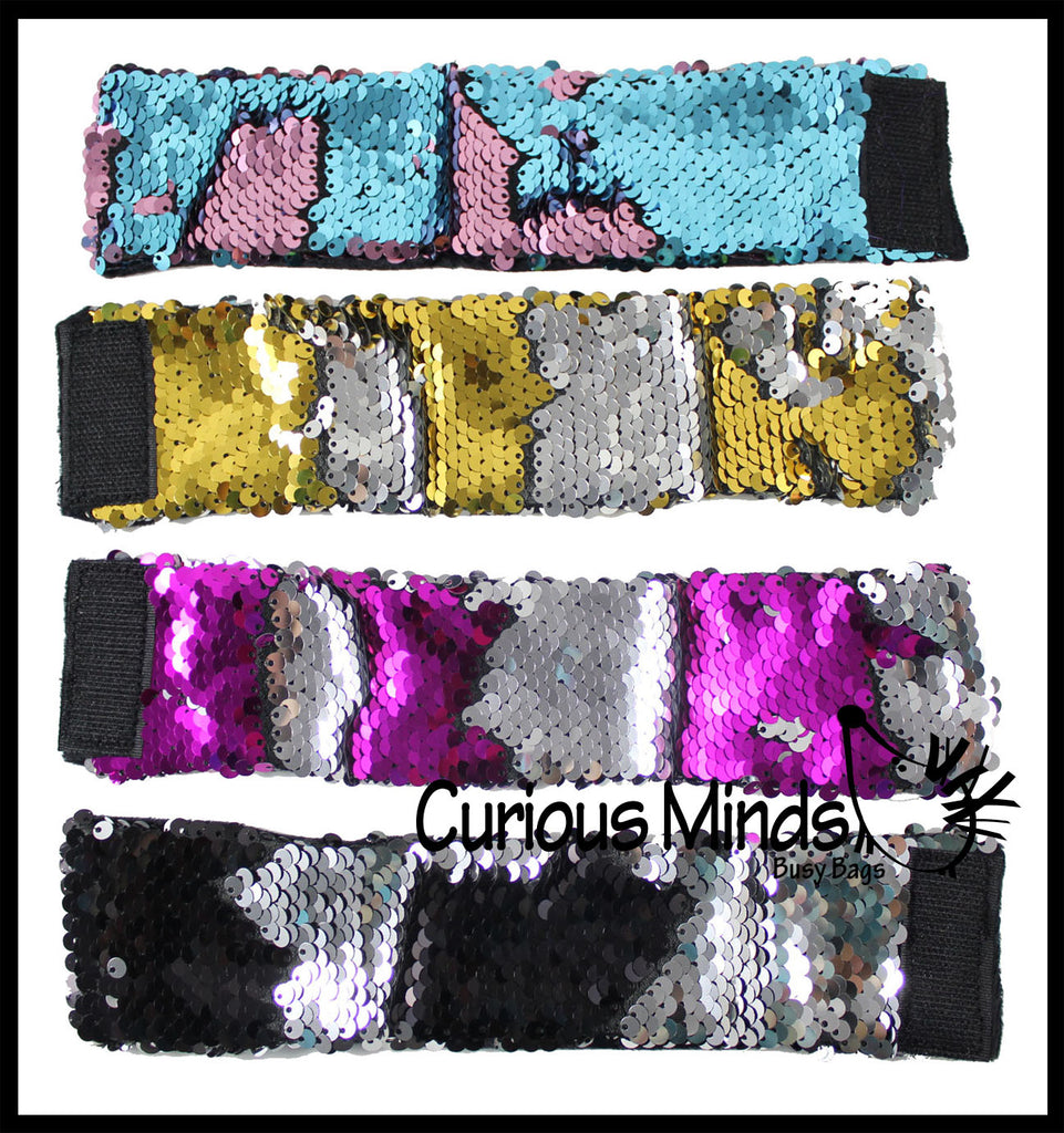 LAST CHANCE - LIMITED STOCK - - Wide Bracelet with Mermaid 2 Color Reversible Sequin Scales - Cuff Jewelry Sensory Fidget Toy